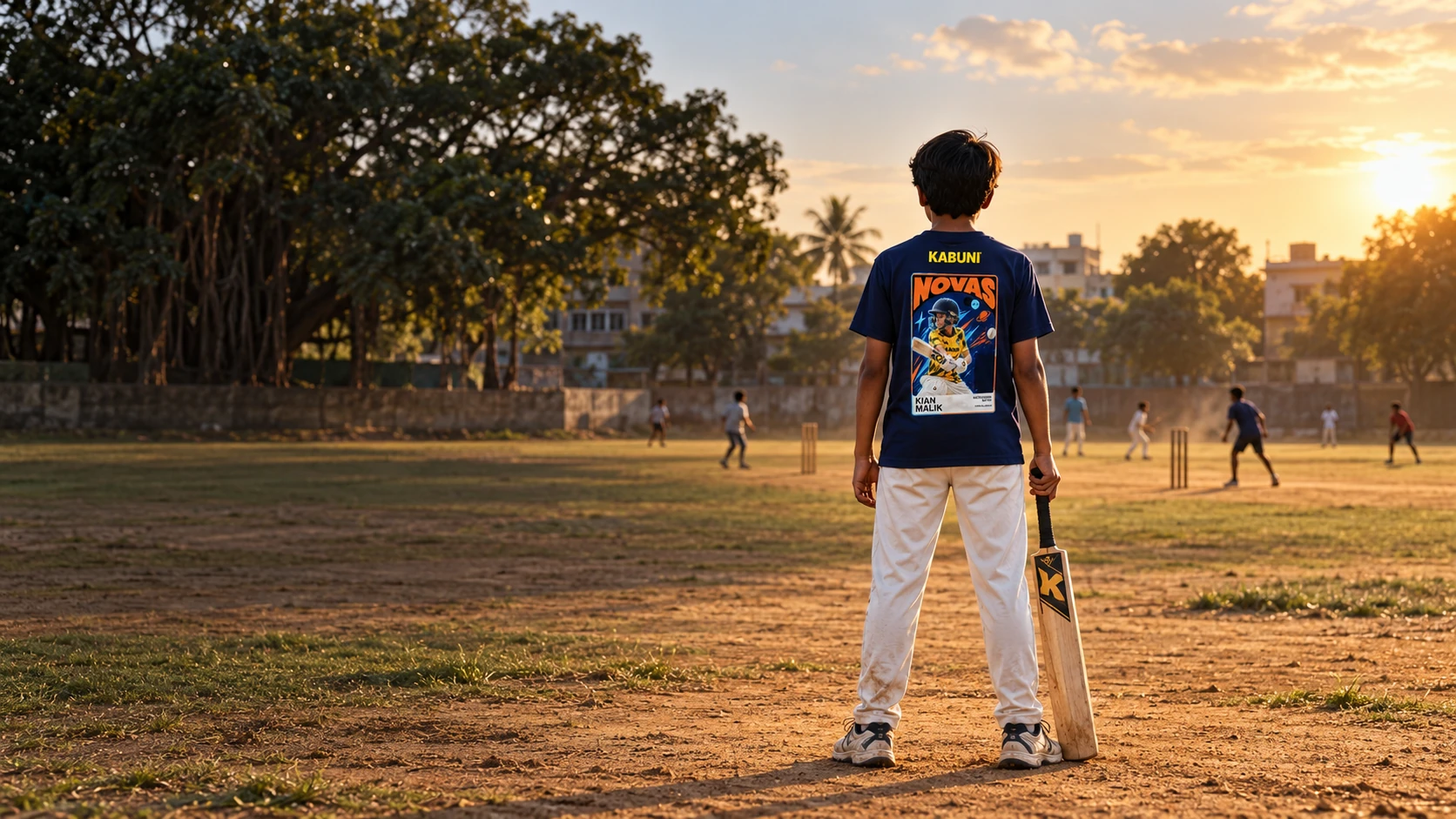 A child with a Novas player card printed on his Kabuni shirt watches friends playing cricket on a local ground in India
