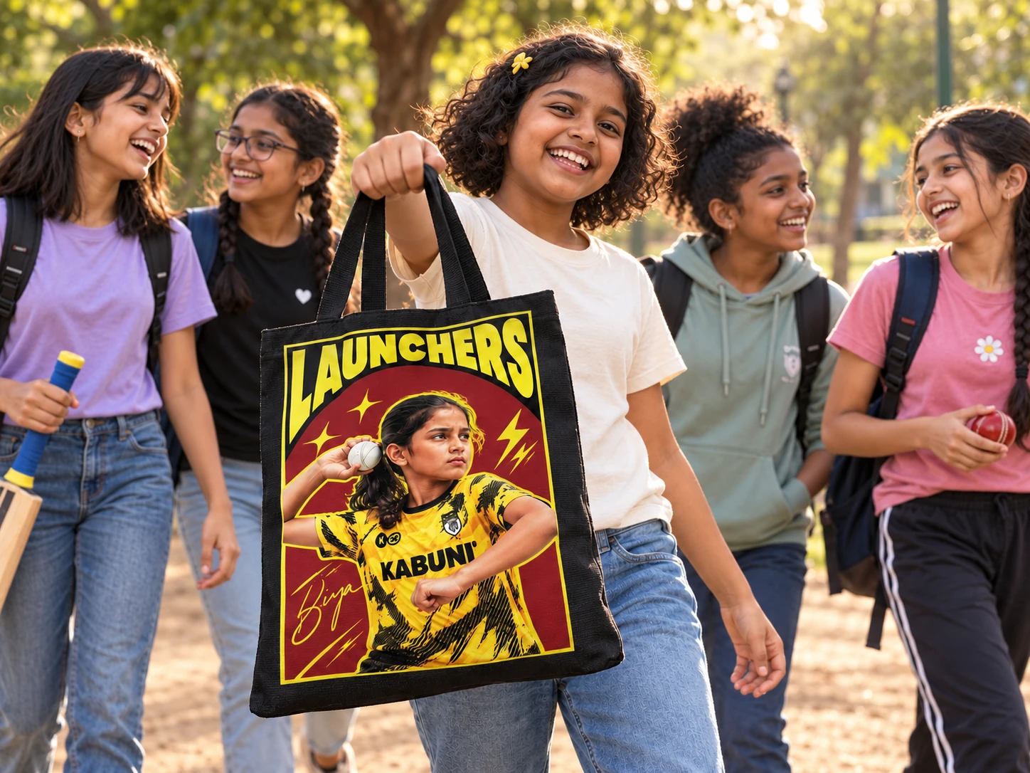 A curly-haired girl swings a black Launchers canvas tote while walking through a sunny park with four friends