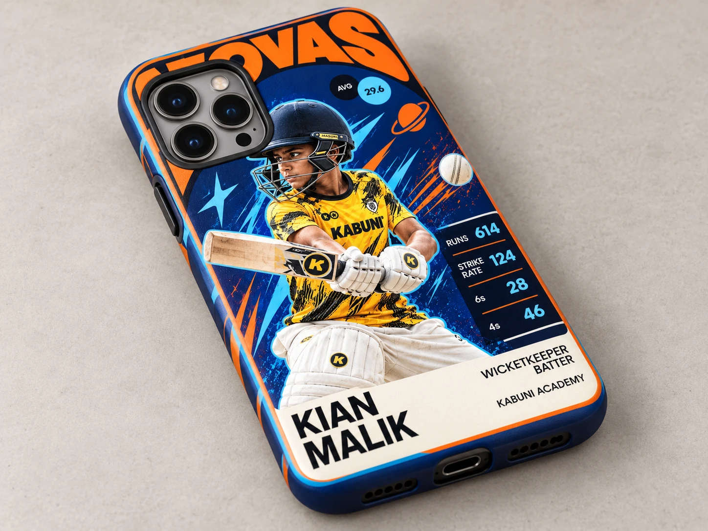 Close-up of a Novas phone case with the artwork following the angled case surface