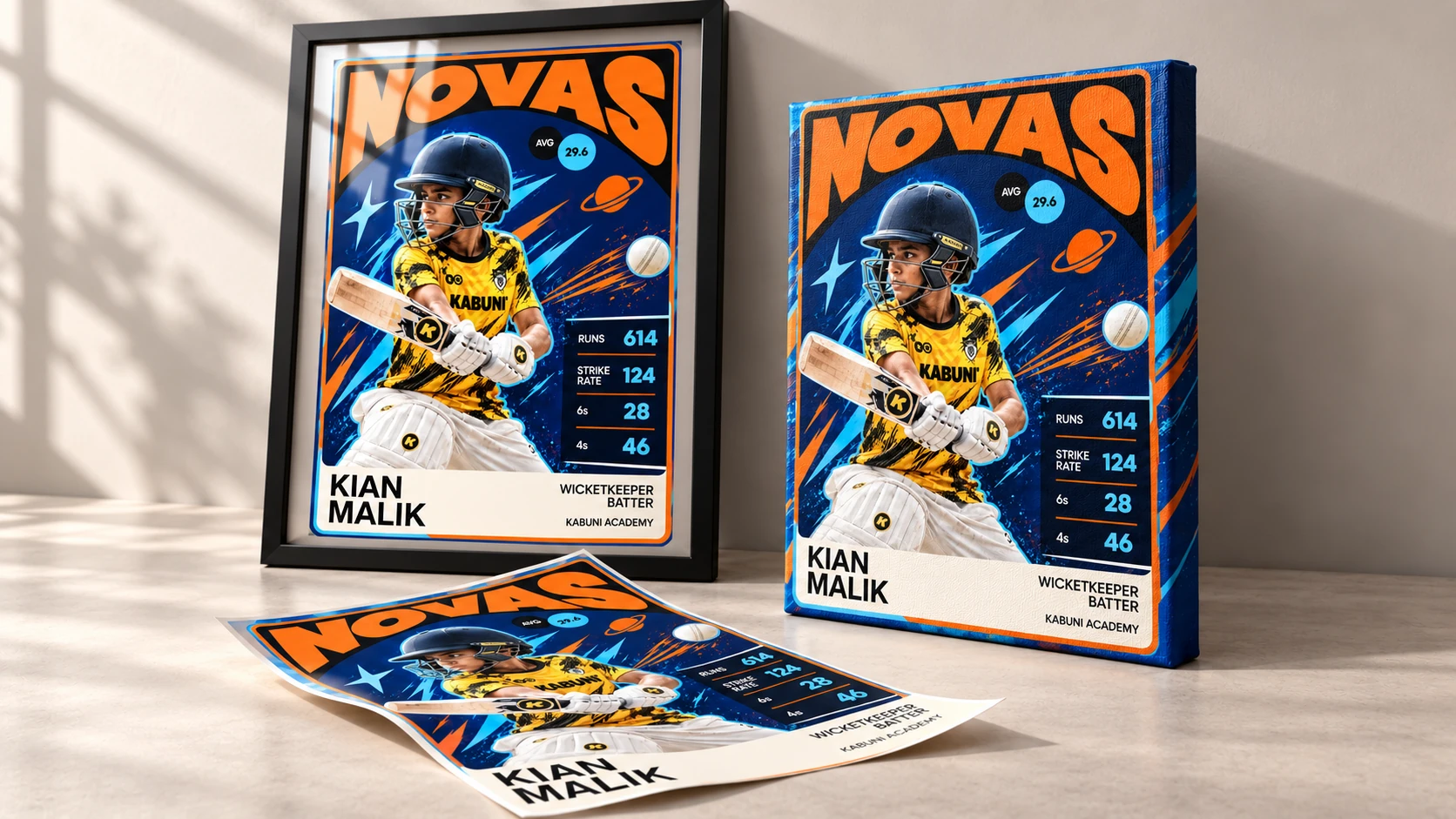 Novas artwork on a framed print with a glass reflection, a wrapped canvas and a paper poster